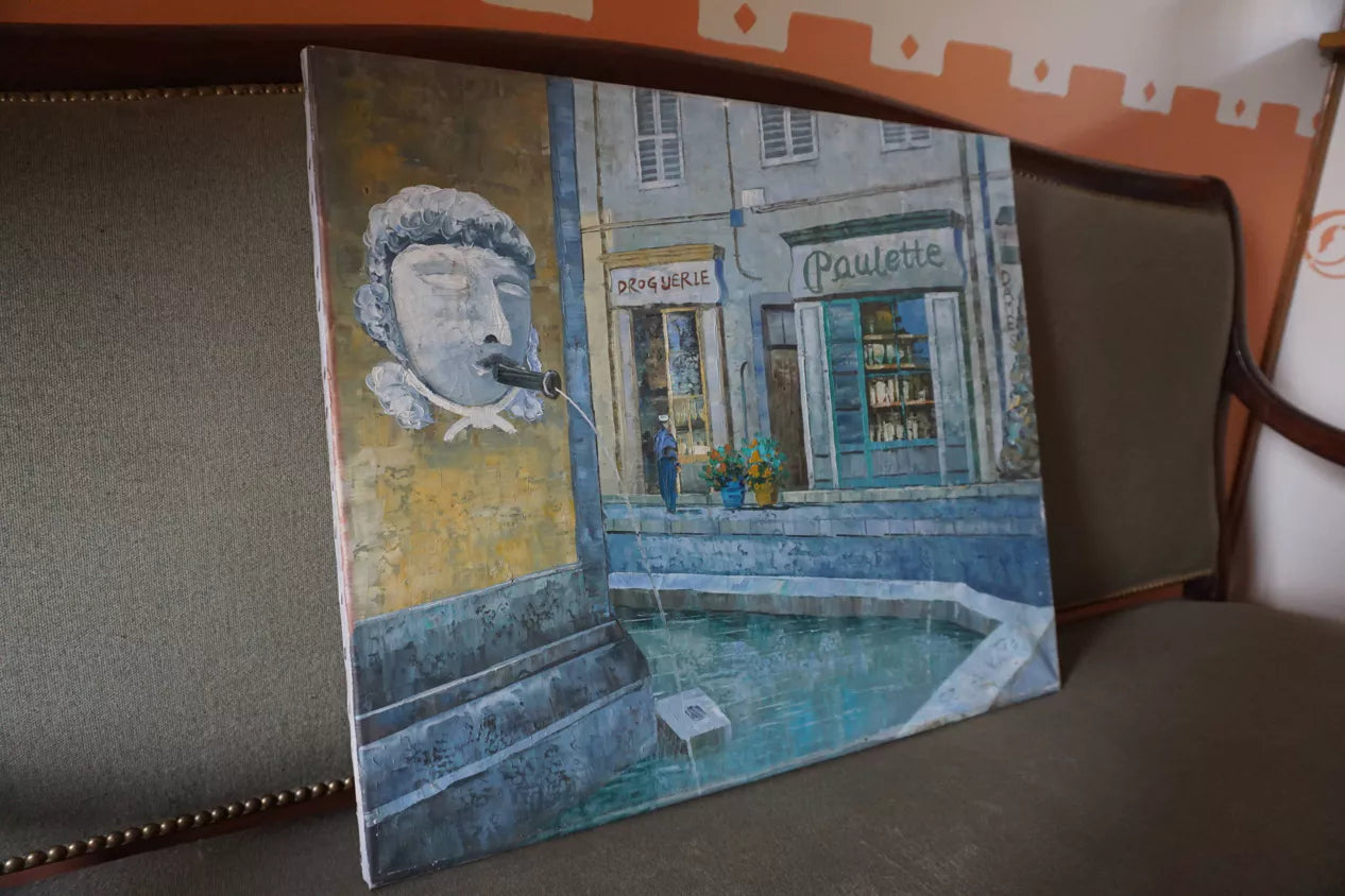 Huile sur toile rue du village de Cotignac (Provence)